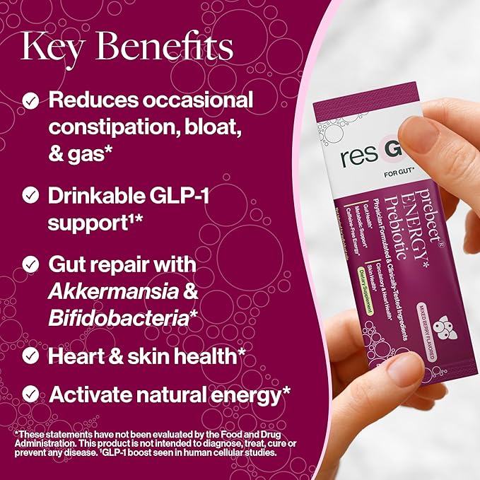 resG prebeet Prebiotic - Fiber Digestion Supplement, Drinkable GLP-1, Powder Packets for Women & Men, On The Go Gut Health Drink Mix, Gluten Free, Sugar Free - 30 Stick Packs