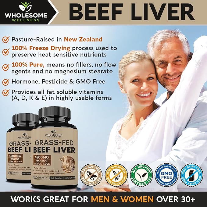 Wholesome Wellness Grass Fed Desiccated Beef Liver Capsules (180 Pills, 750mg Each) - Natural Iron, Vitamin A, B12 for Energy - Raised Undefatted in New Zealand Without Hormones or Chemicals