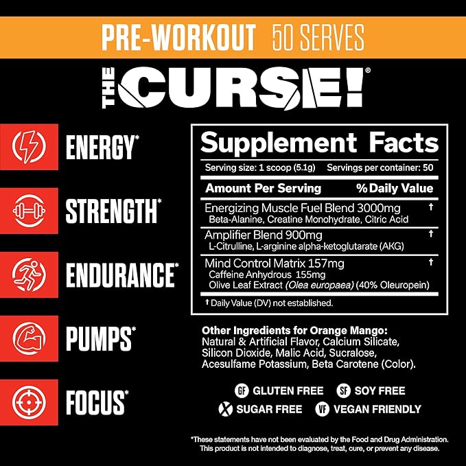 JNX SPORTS The Curse! Pre Workout Powder for Men & Women, Caffeine, Beta-Alanine, Creatine, L-Citrulline, 50 Servings, Orange Mango Flavor – Boost Energy, Strength & Focus