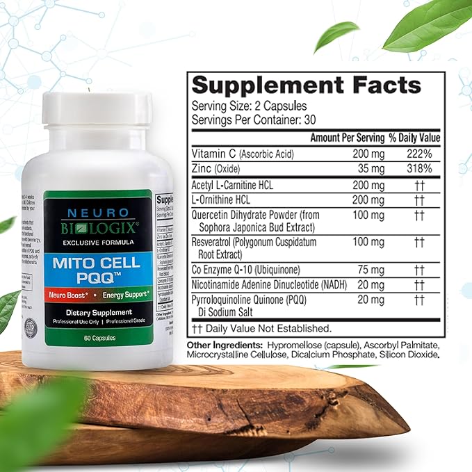 Mito Cell PQQ Supplement for Optimal Mitochondrial Support - Pyrroloquinoline Quinone Supplement to Promote Enhanced Energy & Performance & Cognitive Function - with CoQ10, NADH, Vitamin C & More