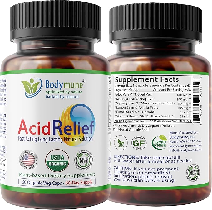 AcidRelief Acid Reducer Acid Indigestion Relief Supplement for Occasional Acid Reflux & Antacid, USA-Made USDA Organic Superfood, All-Natural Unique Blend Non-GMO Gluten-Free Vegan - 60 Caps