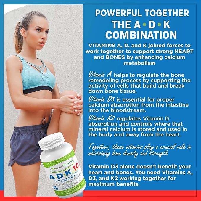 Power By Naturals ADK Vitamin Supplement – ADK 10 High Potency with Vitamins A, D3 10,000 IU & K2 MK7 for Superior Heart, Immune & Bone Health Support – 90 Capsules, 2 Pack (6-Month Supply)