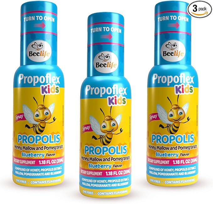 Beelife Bee Propolis Extract, Propolis Throat Spray for Kids – Propolis, Honey, Mallow, Pomegranate - Natural Immune Support & Sore Throat Relief, No Sugar - Blueberry Flavor - (35ml/ 3-Pack)