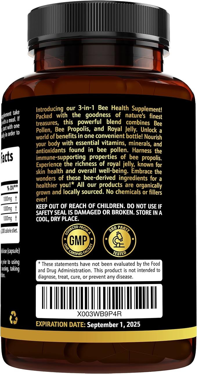 3-in-1 Organic Bee Pollen Capsule – Non-GMO, Pure Raw Bee Pollen, Royal Jelly, Propolis Extract for Women & Men – Natural Energy, Immune & Vitality Support – 180 Propolis Capsules
