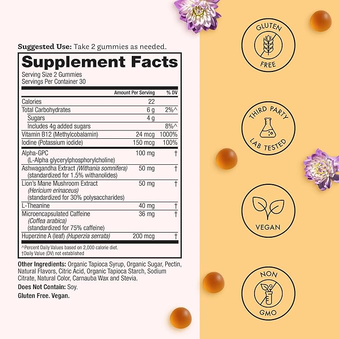 Winged Wellness Rise Up, Energy & Focus Gummies for Women - Daily Brain Boost Gummy Supplement with Natural Caffeine, Ashwagandha, B12, Nootropics Alpha-GPC & Lion’s Mane - Pineapple, 30 Gummies