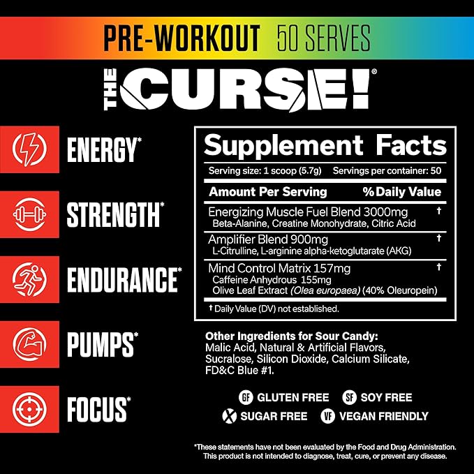 JNX SPORTS The Curse! Pre Workout Powder for Men & Women, Caffeine, Beta-Alanine, Creatine, L-Citrulline, 50 Servings, Sour Candy Flavor – Boost Energy, Strength & Focus