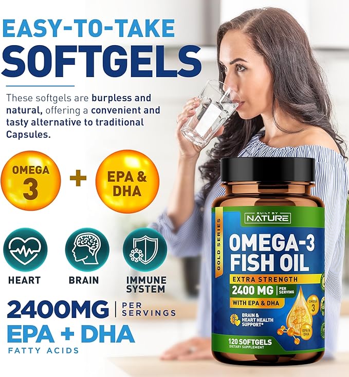 Built by Nature Omega 3 Fish Oil Soft Gels - 2400 mg Fish Oil, 1440 mg Omega 3, 864 mg EPA, 576 mg DHA - Extra Strength Brain & Heart Health Support Supplement - 120 Softgels