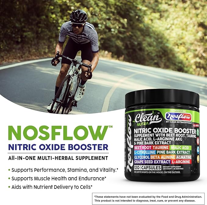 NosFlow Nitric Oxide Supplements for Men | Beet Root Taurine L-Arginine Malic Acid L-Arginine L-Citrulline Pine Bark Glycerol Agmatine Grape Seed Vitamin C Vitamin B12 Vitamin B3 by Clean Nutra