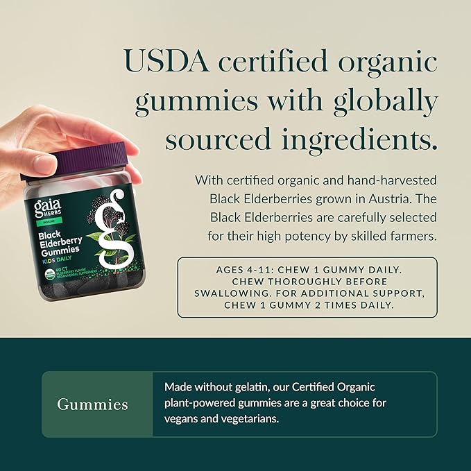 Gaia Herbs GaiaKids Black Elderberry Daily Gummies for Kids - Delicious Immune Support Supplement - Certified Organic Black Elderberries for Immune System Support - 40 Gummies (40-Day Supply)