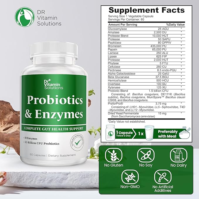 DR VITAMIN SOLUTIONS Multi Enzymes, Pre & Probiotics for Digestive Health | 18 Active Enzymes & 1.5 Billion CFU Probiotics for Women & Men | Digestive Enzymes w/Prebiotics for Bloating Relief | 60