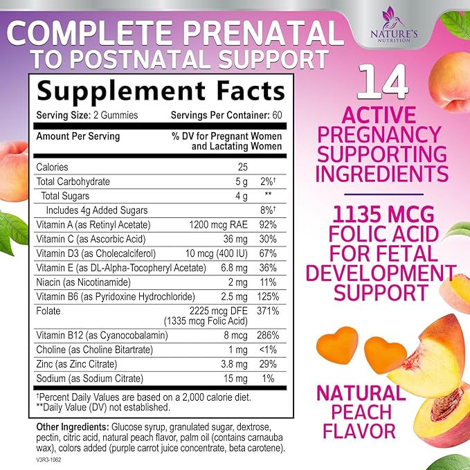 Prenatal Gummy with Folic Acid, Prenatal Vitamins and Minerals for Fetal Support, Vitamin A, C, D3, B12, B6 & Folate, Prenatal Multivitamin for Pregnant & Nursing Women - 120 Gummies, 60 Day Supply