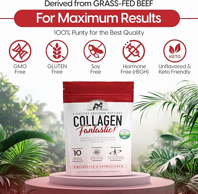 Collagen Fantastic Hydrolyzed Collagen Peptides Powder (90 Servings) - Grass Fed Bovine Collagen Protein Powder Type 1 & III for Joint, Bone & Skin Support - Gluten Free, Soy Free & Non-GMO (2.2 Lb)
