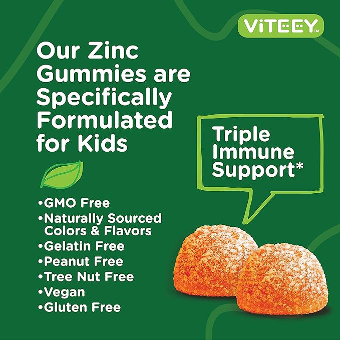 Zinc for Kids Gummies 10mg, with Vitamin C & Echinacea - Immune Support, Powerful Natural Antioxidant, Kids Zinc Vitamin Supplement - Vegan, Gelatin Free - Tasty Chewable Orange Flavor Gummy