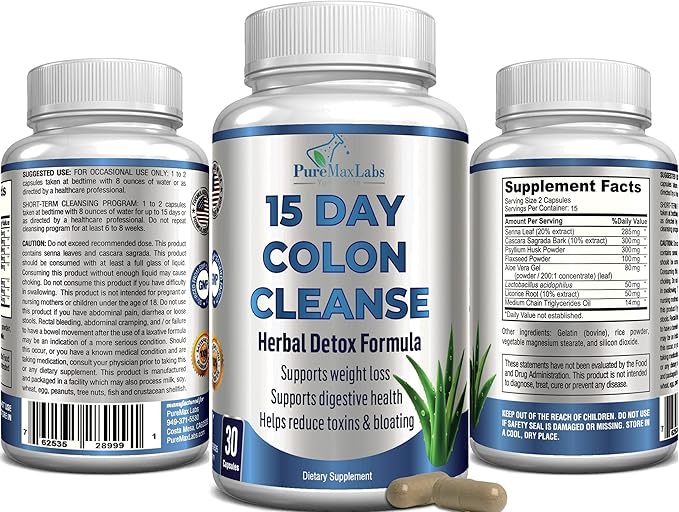 15 Day Colon Cleanse and Detox, Herbal Detox Formula, Supports Weight Loss, Constipation Relief - Boosts Energy. Flush Toxins, Natural Safe Colon Cleanser for Men and Women - 30 Capsules