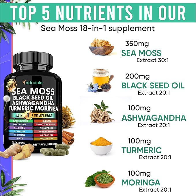 Sea Moss Black Seed Oil Ashwagandha Ginger Capsules. Sea Moss Capsules with Black Seed Oil, Ashwagandha, Turmeric, Moringa, Bladderwrack, Burdock Root, Manuka Honey, Cinnamon. 180 Count