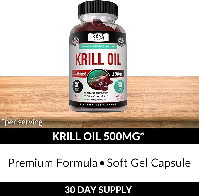 Kaya Naturals - Antarctic Krill Oil 500mg with Omega 3, EPA, DHA, Phospholipids & Astaxanthin Supplement - Brain & Health Vitamin - Anti Aging Supplement - 30 Count Softgels