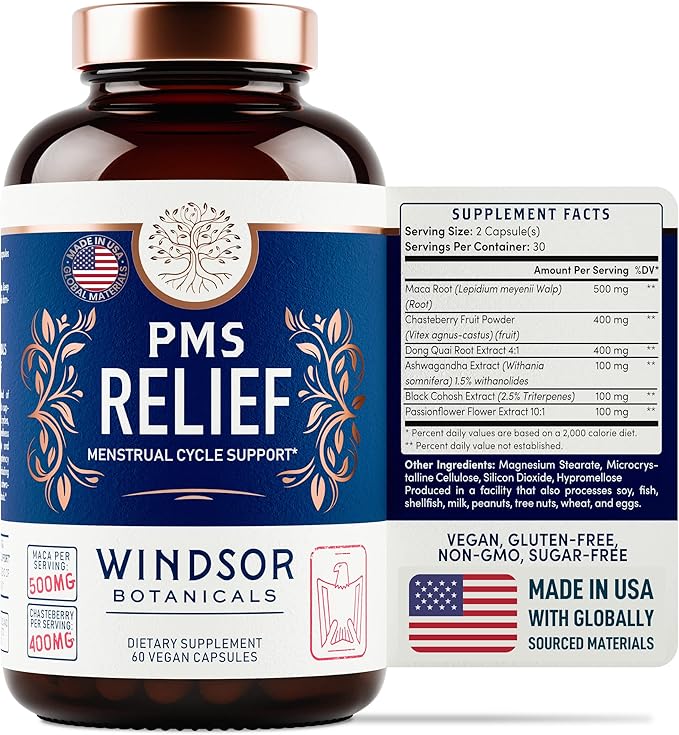 PMS Support Supplement for Women with Chasteberry, Maca Root, Ashwagandha - Period Relief, Bloating Relief for Women, Mood Support, Hormone Balance Herbal Supplements - 30 Day, 60 Vegan Capsules