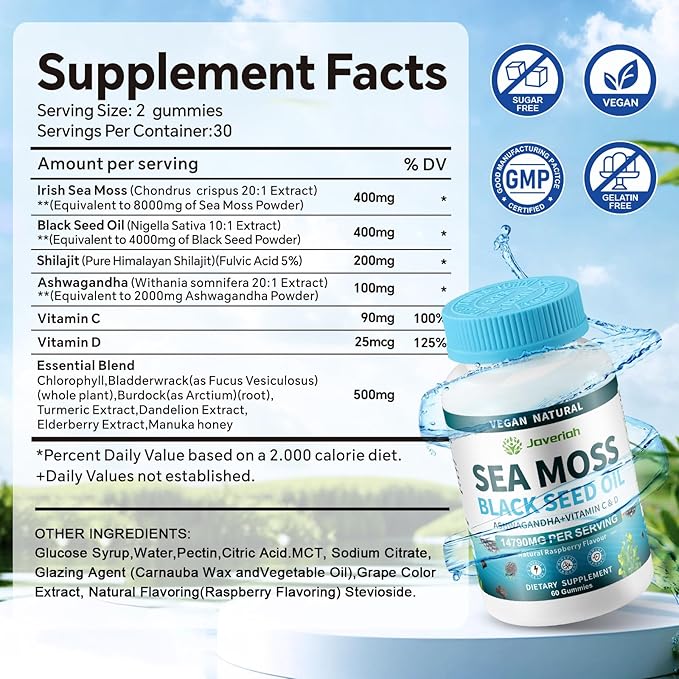 Vegan Ashwagandha Sea Moss Gummies - Black Seed Oil, Vitamin C&D for Immune Support, Digestive, Antioxidant 13 in 1 Bundle, Sea Moss Chlorophyll Advanced Strength Formula 2Pack 120 Gummies