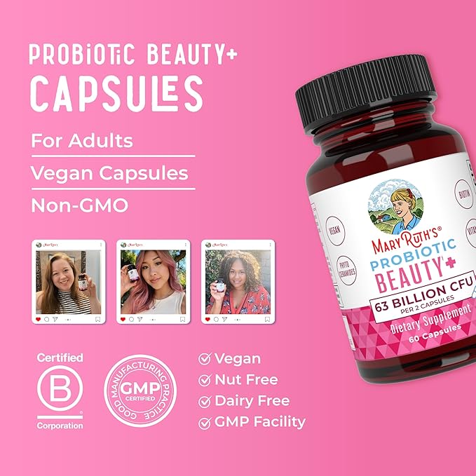 Probiotic Beauty Capsules by MaryRuth's | Vegan Collagen Support | Anti Aging | Gut Health | Hair Skin and Nails Vitamins | Skin Care | Biotin | Non-GMO Project Verified | 60 Count