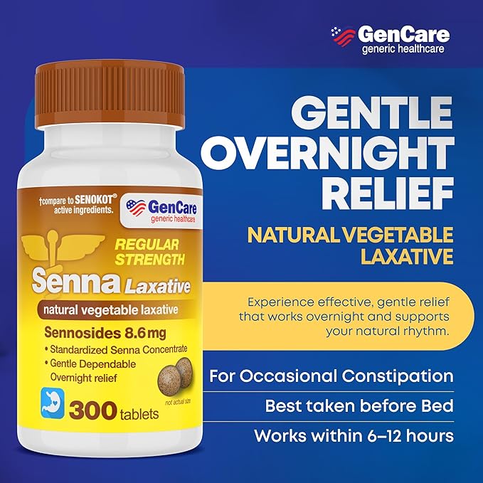 GenCare Senna Laxative 300 Tablets Senna 8.6mg Tablets with Natural Sennosides | Laxatives for Constipation, Bloating, Gas & Irregularity Relief. Safe & Effective | Generic for Senokot