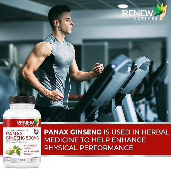 RENEW ACTIVES Panax Ginseng 1000MG per 2 Capsules – Boosts Physical & Cognitive Health, Enhances Energy, Supports Mental Clarity & Focus, Promotes Performance & Vitality – Made in Canada – 60 Capsules
