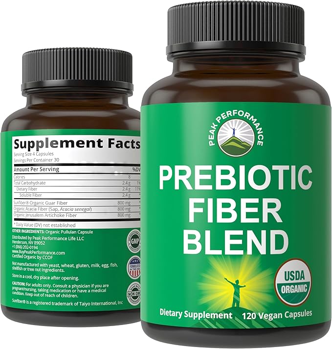 USDA Organic 3-in-1 Prebiotic Fiber - Vegan Capsules for Gut, Digestive Health. Raw Whole Food Plant Based Prebiotics Pills Supplement with Inulin (Jerusalem Artichoke), Acacia Fibers, SunFiber