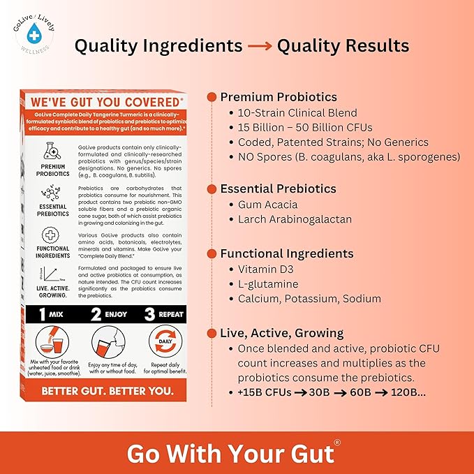 GoLive Prebiotic and Probiotic for Women, Men, Kids. Tangerine Turmeric Synbiotic Powder w/ L-Glutamine, Vitamin D3, Electrolytes. For Gut Health, Digestion, Metabolism, Immunity 15-50B CFUs.
