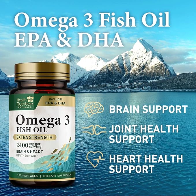 Omega 3 Fish Oil Triple Strength 1200 mg Softgels, Omega-3 Supplements, Natural Brain Heart Health & Immune Support - Fatty Acids with EPA & DHA - Wild Caught Fish Oil Supplement - 120 Softgels