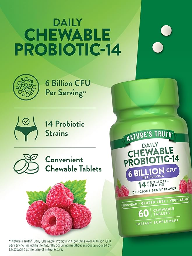 Nature's Truth Probiotic Chewable for Men and Women | 6 Billion CFU | 60 Count | 14 Strains | Berry Flavor | Non-GMO & Gluten Free