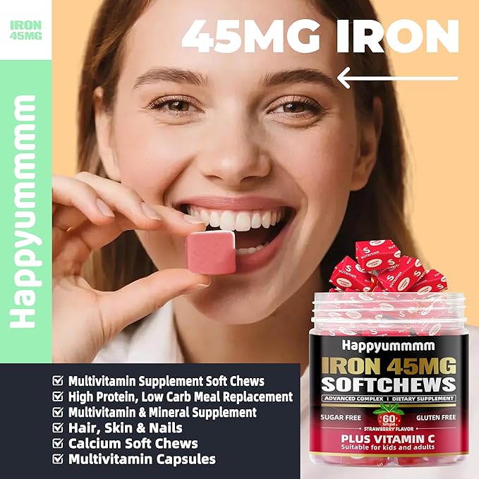 Iron Soft Chews Supplement with Vitamin C | Strawberry Flavored | Gluten Free | Iron Supplement for Women Men and Kids | 60 Count | 2 Month Supply