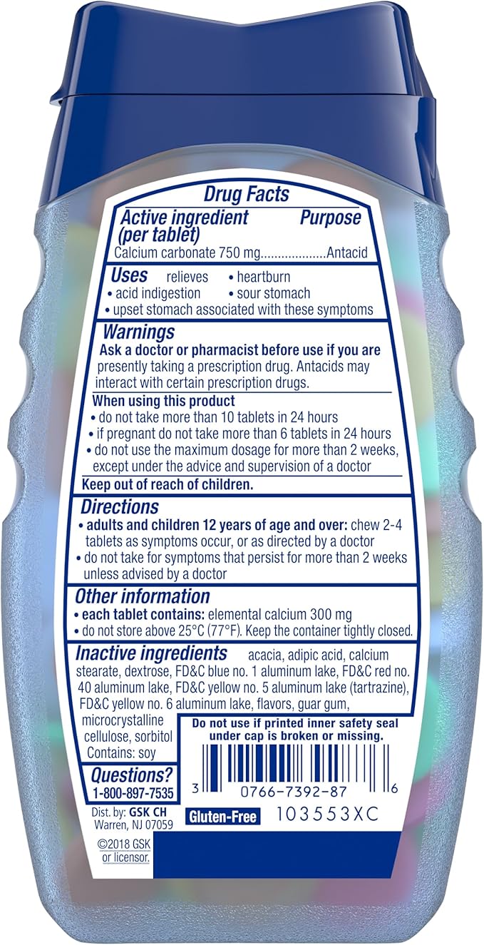 TUMS Smoothies Extra Strength Antacid Chewable Tablets for Heartburn Relief, Assorted Fruit - 60 Count (Pack of 1)