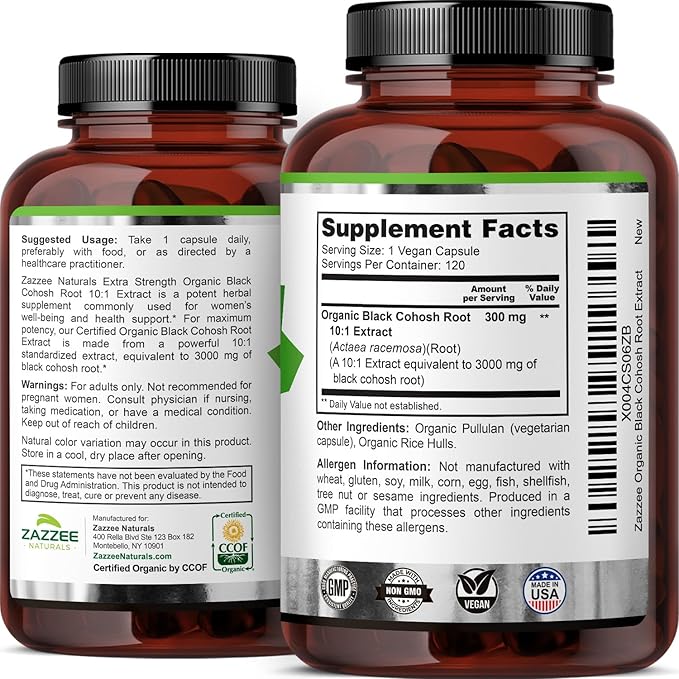 Zazzee USDA Organic Black Cohosh 10:1 Extract, 3000 mg Strength, 120 Vegan Capsules, 4 Month Supply, Standardized and Concentrated 10X Extract, 100% Vegetarian, All-Natural, Non-GMO, Made in The USA