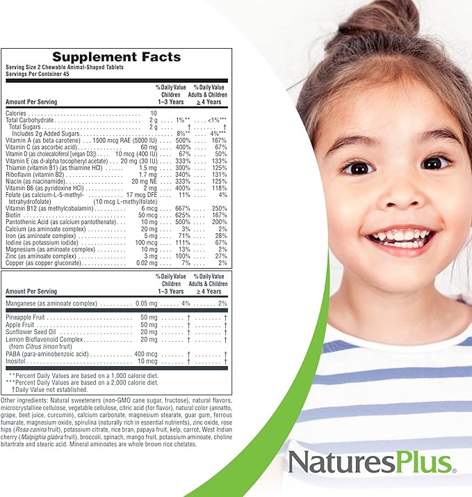 Natures Plus Animal Parade Children's Chewable Multivitamin - 90 Animal-Shaped Tablets - Natural Assorted Flavors - Vegetarian, Gluten Free - 45 Servings