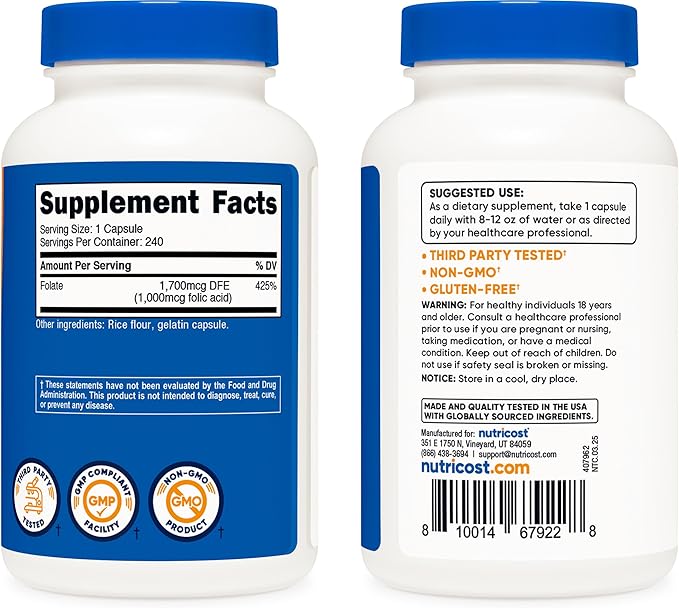 Nutricost Folic Acid (Vitamin B9) 1000 mcg, 240 Capsules