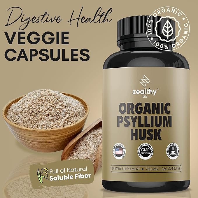 Organic Psyllium Husk Capsules, Natural Fiber Supplement for Gut Health* - Alternative to Psyllium Husk Powder, Zealthy Life, 250 Capsules