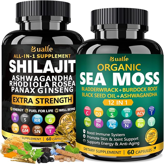 Sea Moss for Women & Shilajit for Men Supplement with Black Seed Oil, Ashwagandha, Maca & Ginger - Immune Support & Energy Booster - 120 Vegan Capsules - Organic Herbal Complex
