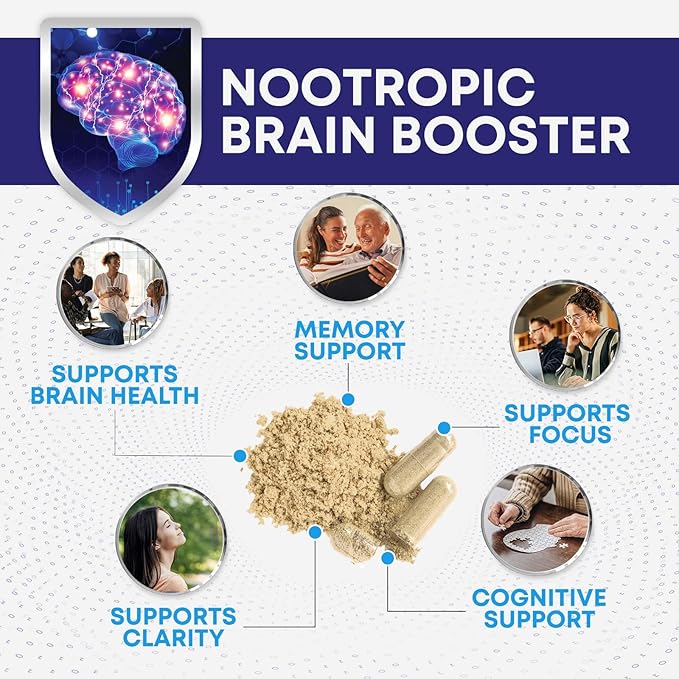 Brain Supplements for Memory and Focus - 40 Nootropics & Vitamins to Support for Alertness, Clarity & Concentration, Brain Health, B6, B12, Phosphatidylserine - 60 Capsules