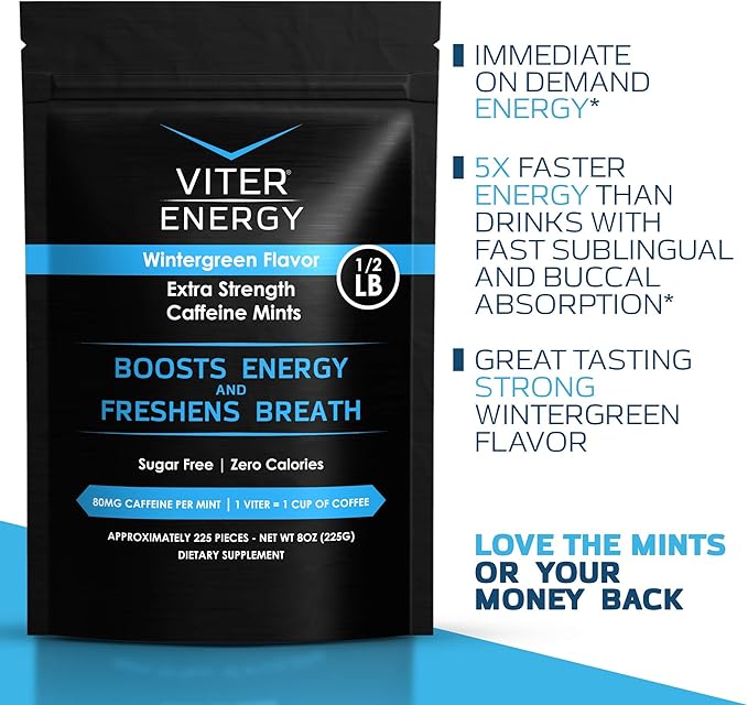 Viter Energy Extra Strength Caffeinated Mints 80mg Caffeine, B Vitamins, Sugar Free. (Wintergreen, 8oz, Bulk Bag)