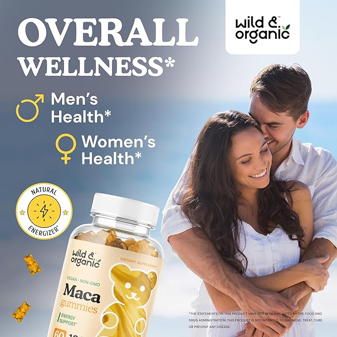Wild & Organic Maca Root Gummies 1800mg - Yellow, Red, Black Maca Powder Chews for Overall and Mood Support - Peruvian Supplement for Men and Women - 60 Vegan, Non-GMO Gummies