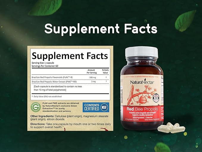 NaturaNectar - Red Bee Propolis Capsules - NSF Contents Certified Premium Brazilian Propolis - Gluten-Free Supplements with More Diverse Flavonoids & PWE - Sourced Through Ethical Beekeeping (60pcs.)