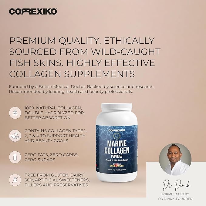 CORREXIKO Premium Marine Collagen Powder Supplement Unflavored - 10,000mg Double Hydrolyzed Collagen Peptides per Serving - Formulated for Maximum Absorption - Hair, Skin & Nails - 1kg, 100 Servings