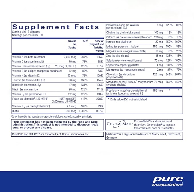 Pure Encapsulations PreNatal Nutrients - for Pregnancy & Lactation - Aids Energy & DNA Development* - with Folate, Choline & Iron - Gluten Free & Non-GMO - 60 Capsules