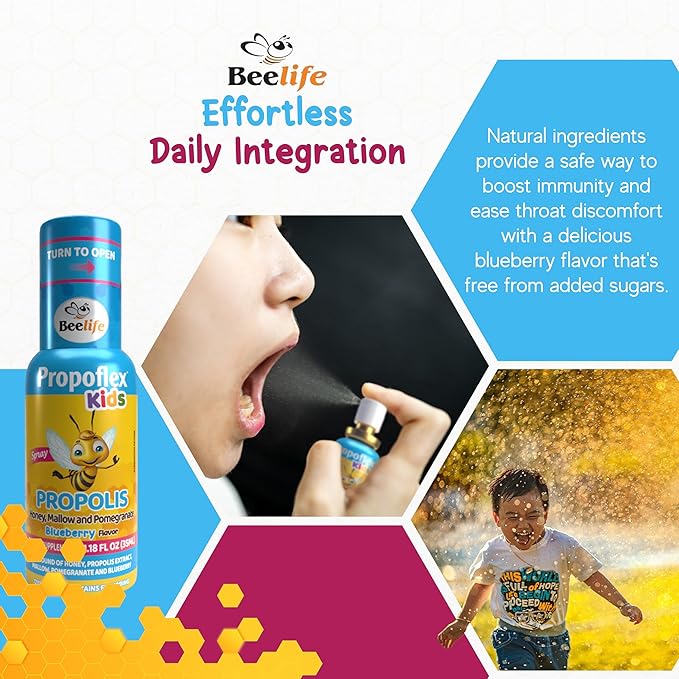 Beelife Bee Propolis Extract, Propolis Throat Spray for Kids – Propolis, Honey, Mallow, Pomegranate - Natural Immune Support & Sore Throat Relief, No Sugar - Blueberry Flavor - (35ml/ 3-Pack)