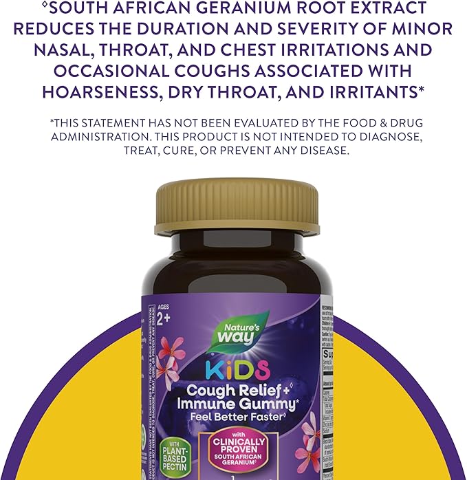 Nature's Way Sambucus Kids Cough Relief +(1) Immune Gummy*, Feel Better Faster(1), Clinically Proven South African Geranium, with Elderberry, Vitamin C & Zinc, Gluten Free, Vegetarian, 36 Gummies
