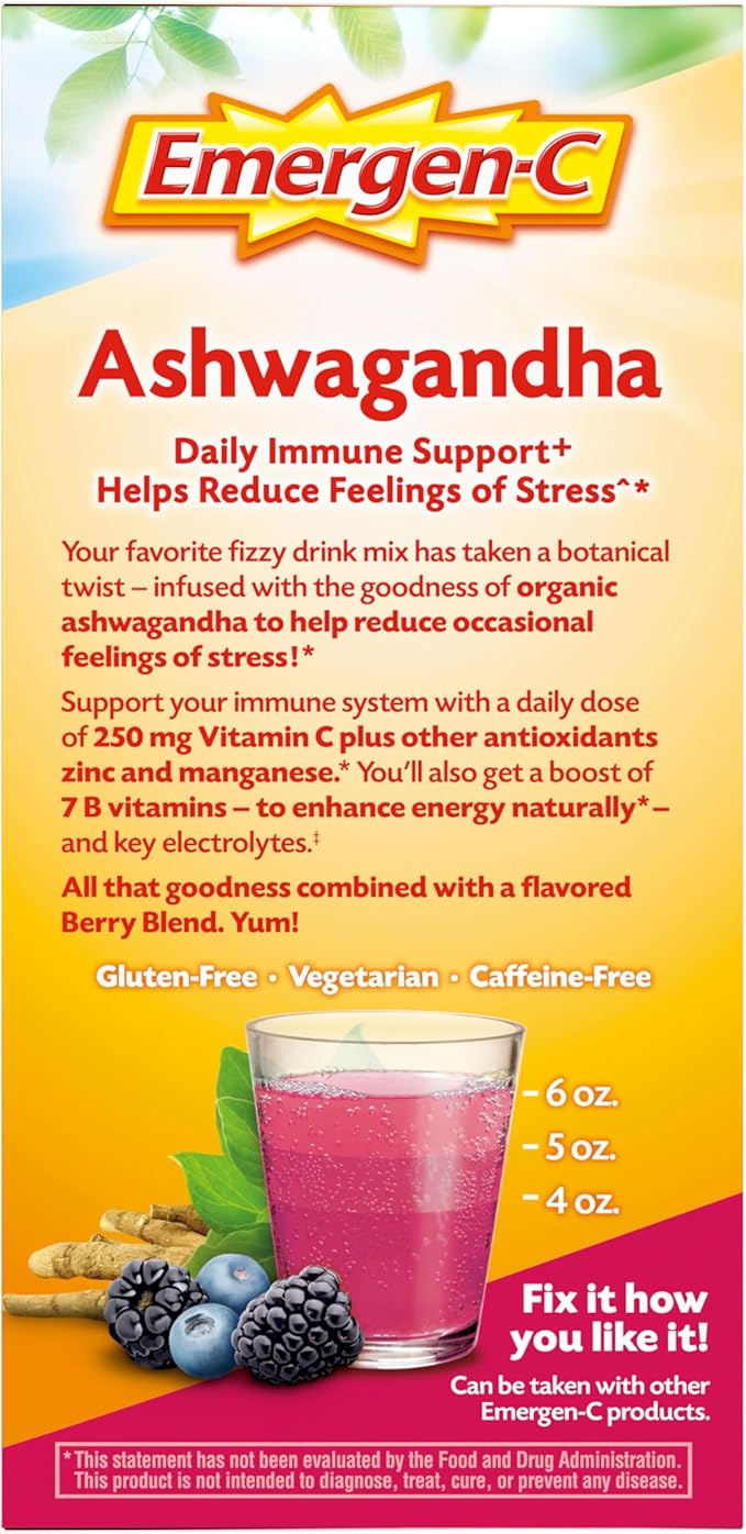 Emergen-C Vitamin C Ashwagandha Drink Mix, Dietary Supplement for Immune Support, Berry Blend - 18 Count