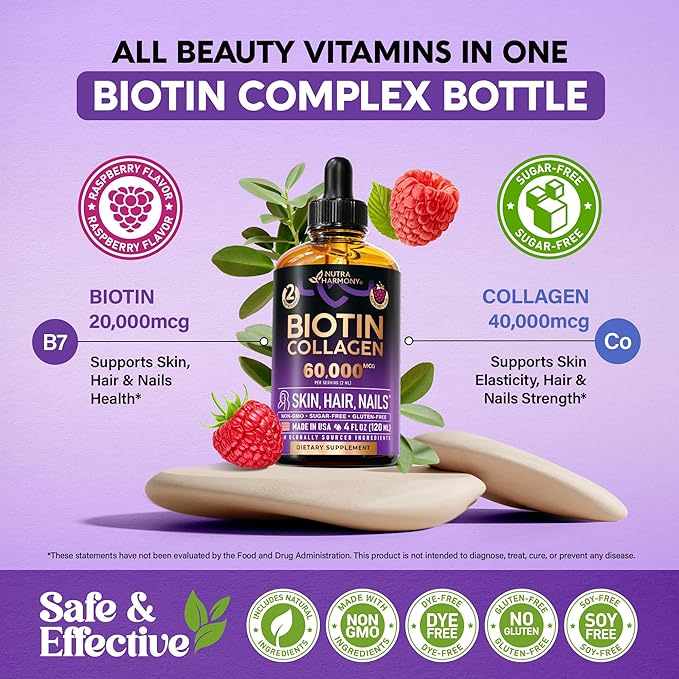 Liquid Biotin & Collagen - Vitamins for Hair Growth Support for Women & Men - Extra Strength 60000 mcg Drops - B7 Supplement - Strong Nails & Healthy Skin - 98% Faster Absorption Than Pills