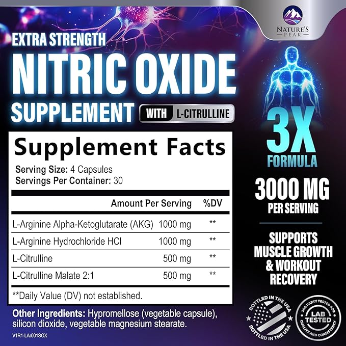 Nitric Oxide Supplement 3000mg L Arginine 3X Strength - Citrulline Malate & AKG - Extra Strength Muscle Supporting Nitric Booster for Muscle Growth & Workout Recovery to Train Harder - 120 Capsules