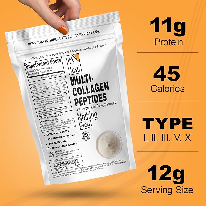 It's Just! - Multi Collagen Peptides, (20oz) Protein Powder, Type I, II, III, V, X w/Biotin, Hyaluronic Acid, Vitamin C - Easy Mixing, Non-GMO, Unflavored, 1.25lb