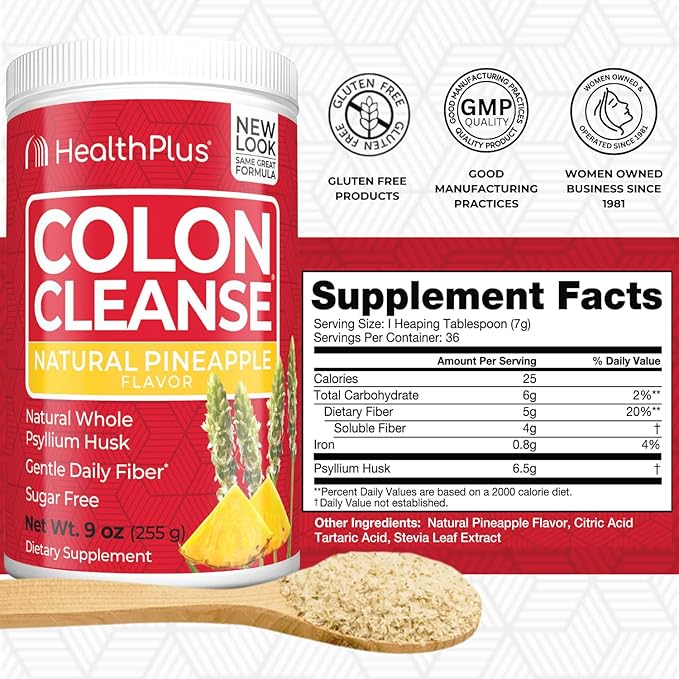 Health Plus Colon Cleanse Digestive Support | No Artificial Flavors | Daily Fiber for Toxin Elimination to Reduce Bloating | Psyllium Husk | Pineapple Flavor | 9 Ounces, 36 Servings