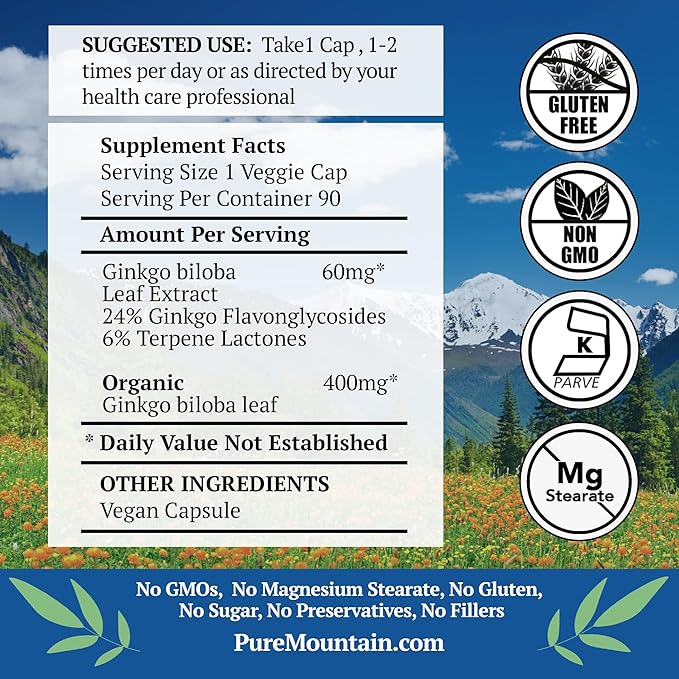Ginkgo Biloba Capsules – Kosher Vegan Caps with 400mg Ginkgo Biloba Leaf and Ginko Extract Supplement
